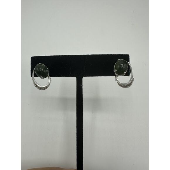 Retro Deco Sterling Silver 925 Sorrento Jade Screw On Non Pierced Earrings - Picture 1 of 3